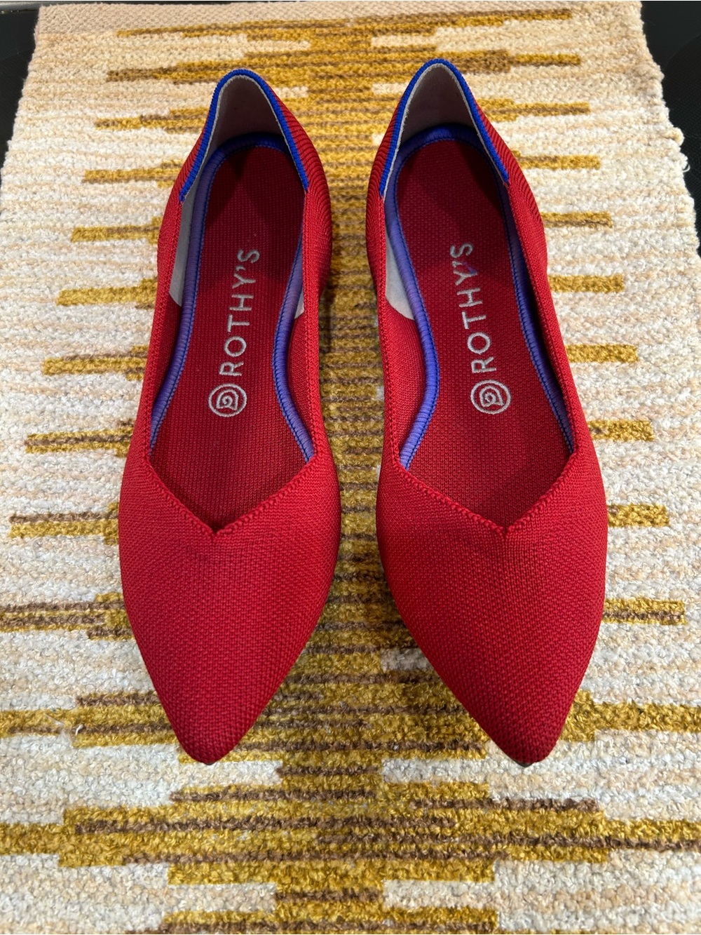 Rothy's Red Pointed Knit Flats with Blue Trim